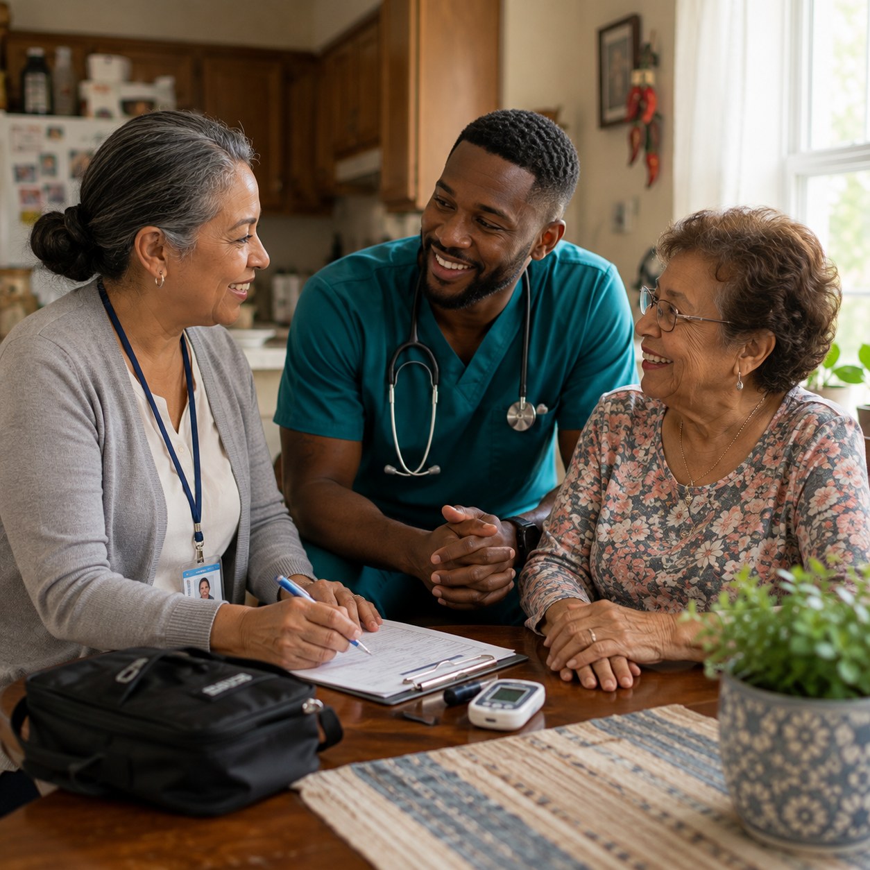 A care coordinator with an ID badge and a nurse in teal scrubs reviewing a care plan with a smiling elderly woman at her kitchen table