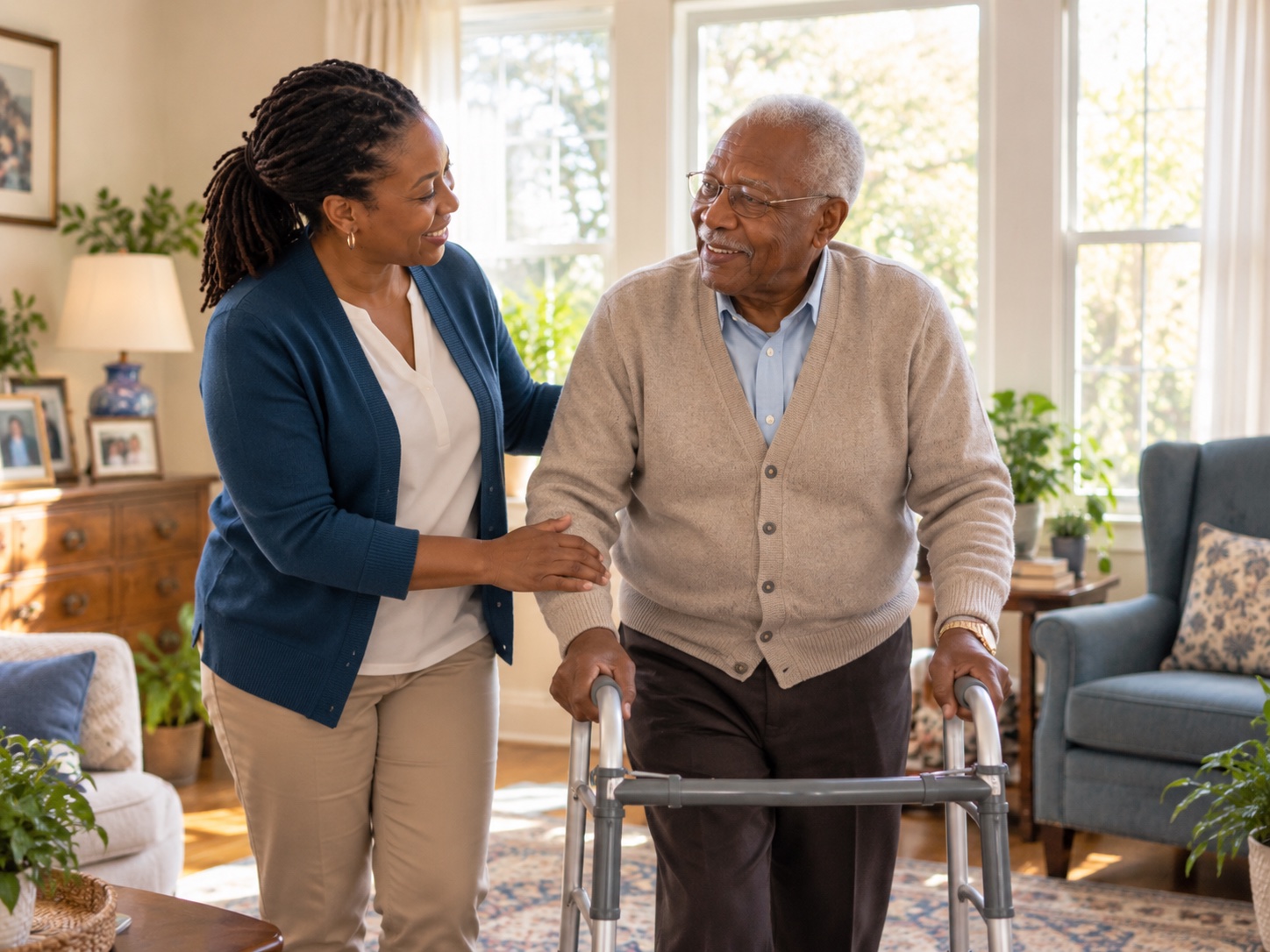 A caregiver walking beside an elderly man as he uses a walker in his bright living room, ready to support him
