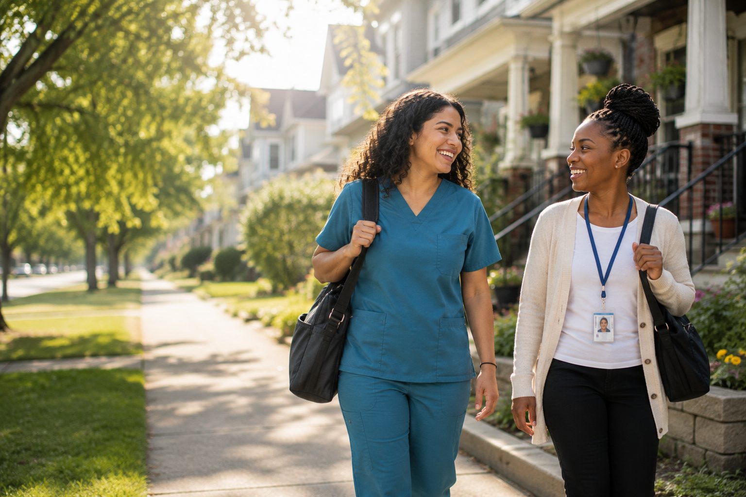 A Miracle caregiver supporting a smiling senior at home