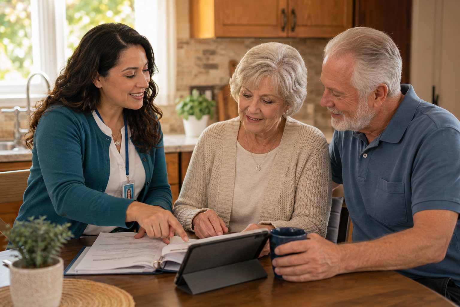 A care coordinator helping a family review insurance options at their kitchen table